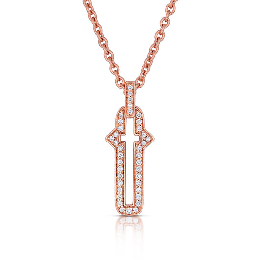 Barbed Cross Small Diamond Pendant – Rose Gold, front view, close-up
