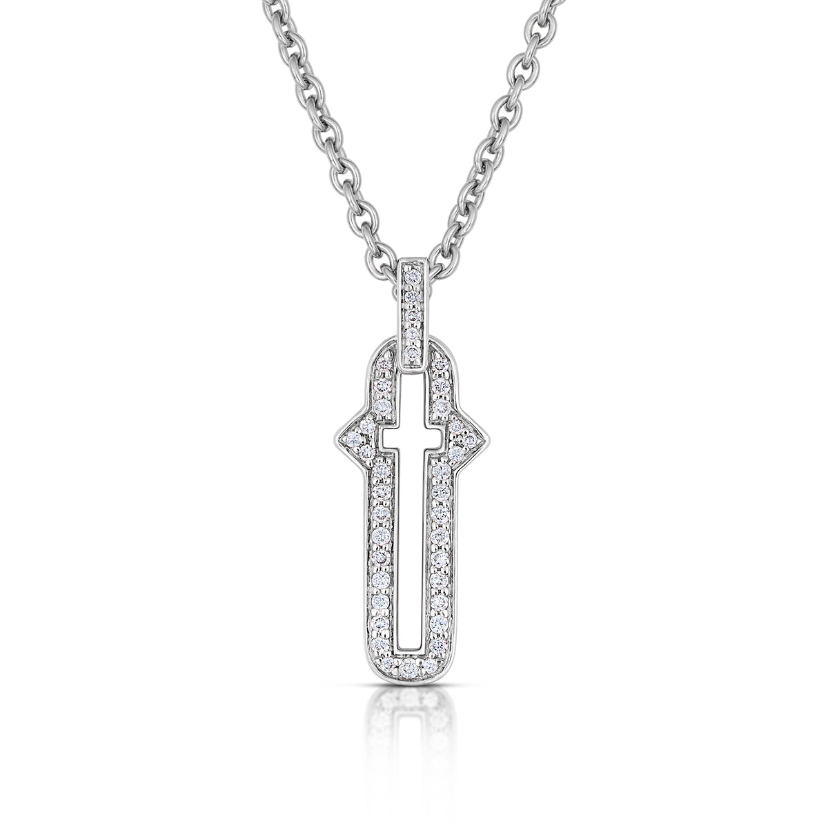 Barbed Cross Small Diamond Pendant – White Gold, front view, close-up