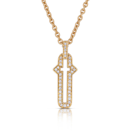 Barbed Cross Small Diamond Pendant – Yellow Gold, front view, close-up