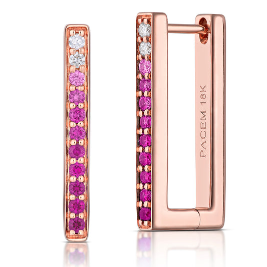 Large Rectangular Pink Ombré Sapphire Hoop Earrings in Rose Gold, side view, close-up