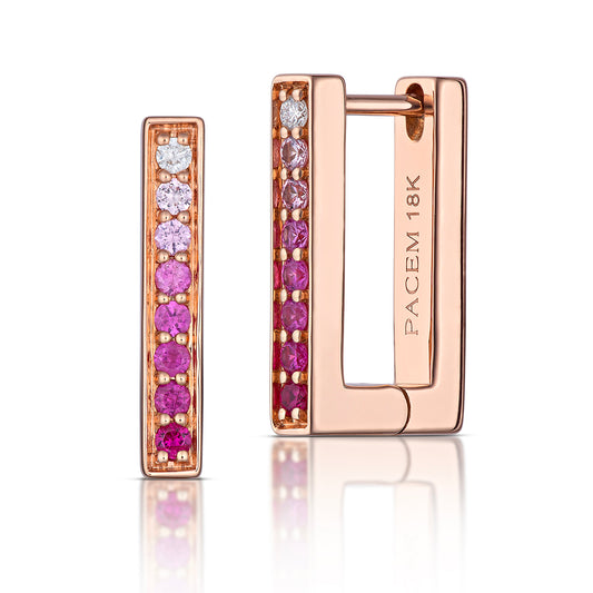 Medium Rectangular Pink Ombré Sapphire Hoop Earrings in Rose Gold, side view, close-up