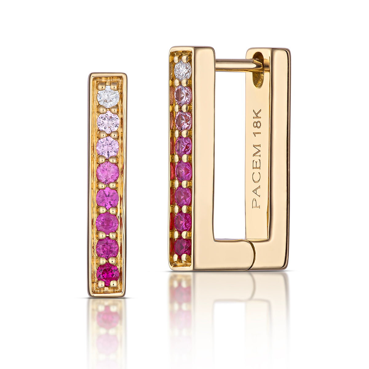 Medium Rectangular Pink Ombré Sapphire Hoop Earrings in Yellow Gold, side view, close-up