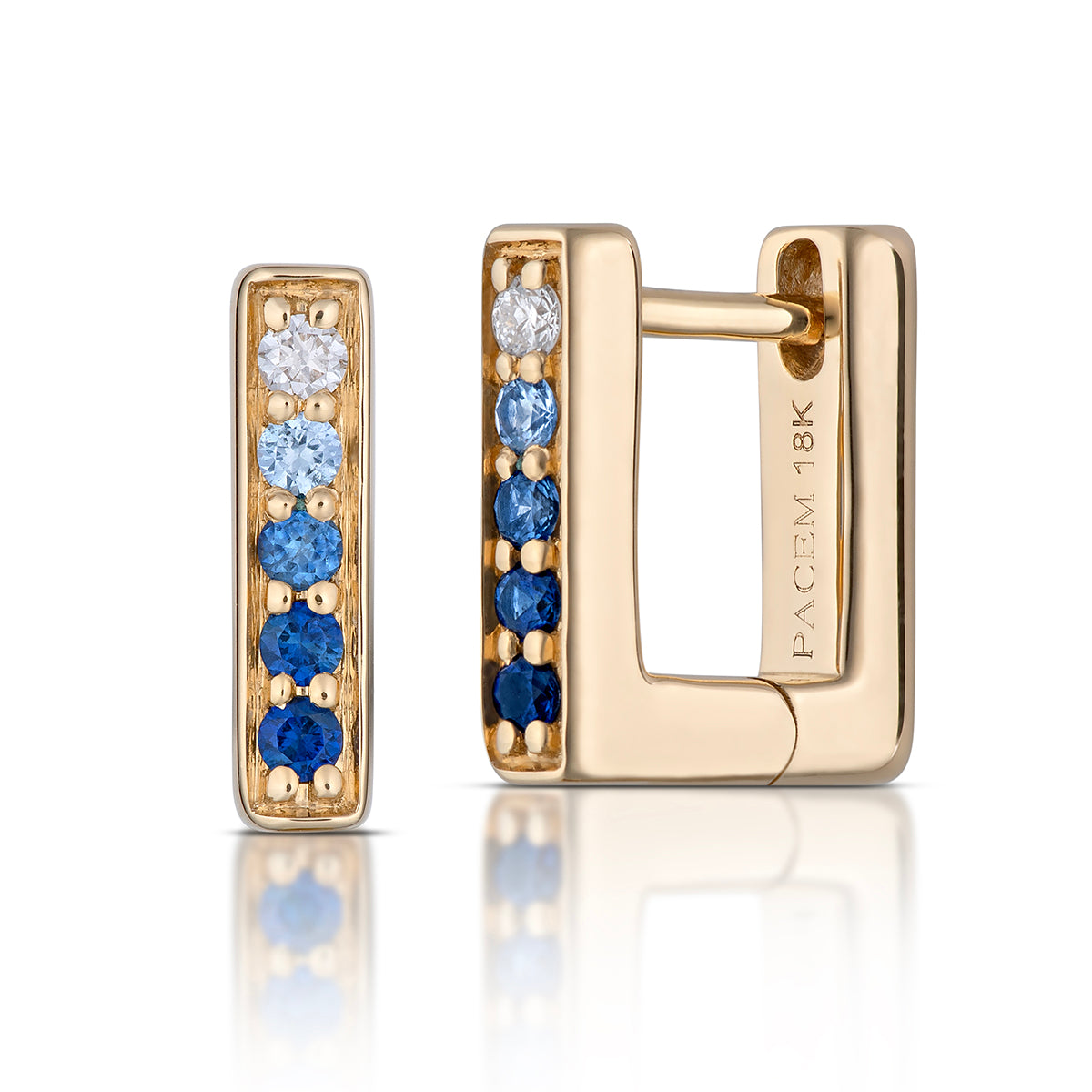 Small Rectangular Blue Ombré Sapphire Hoop Earrings in Yellow Gold, side view, close-up