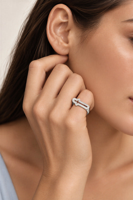 Barbed Cross Diamond Ring – White Gold, worn by a model