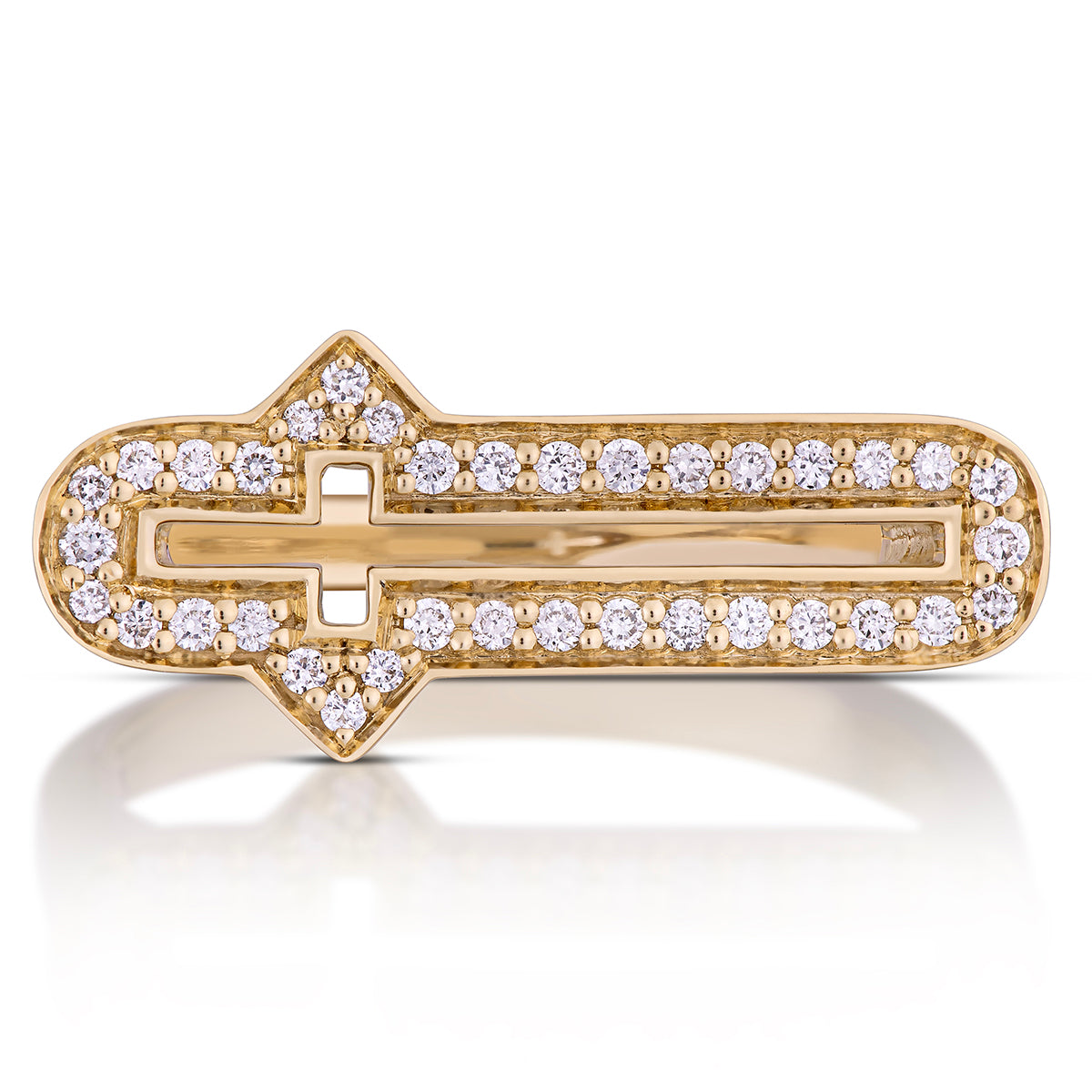 Barbed Cross Diamond Ring – Yellow Gold, top view, close-up
