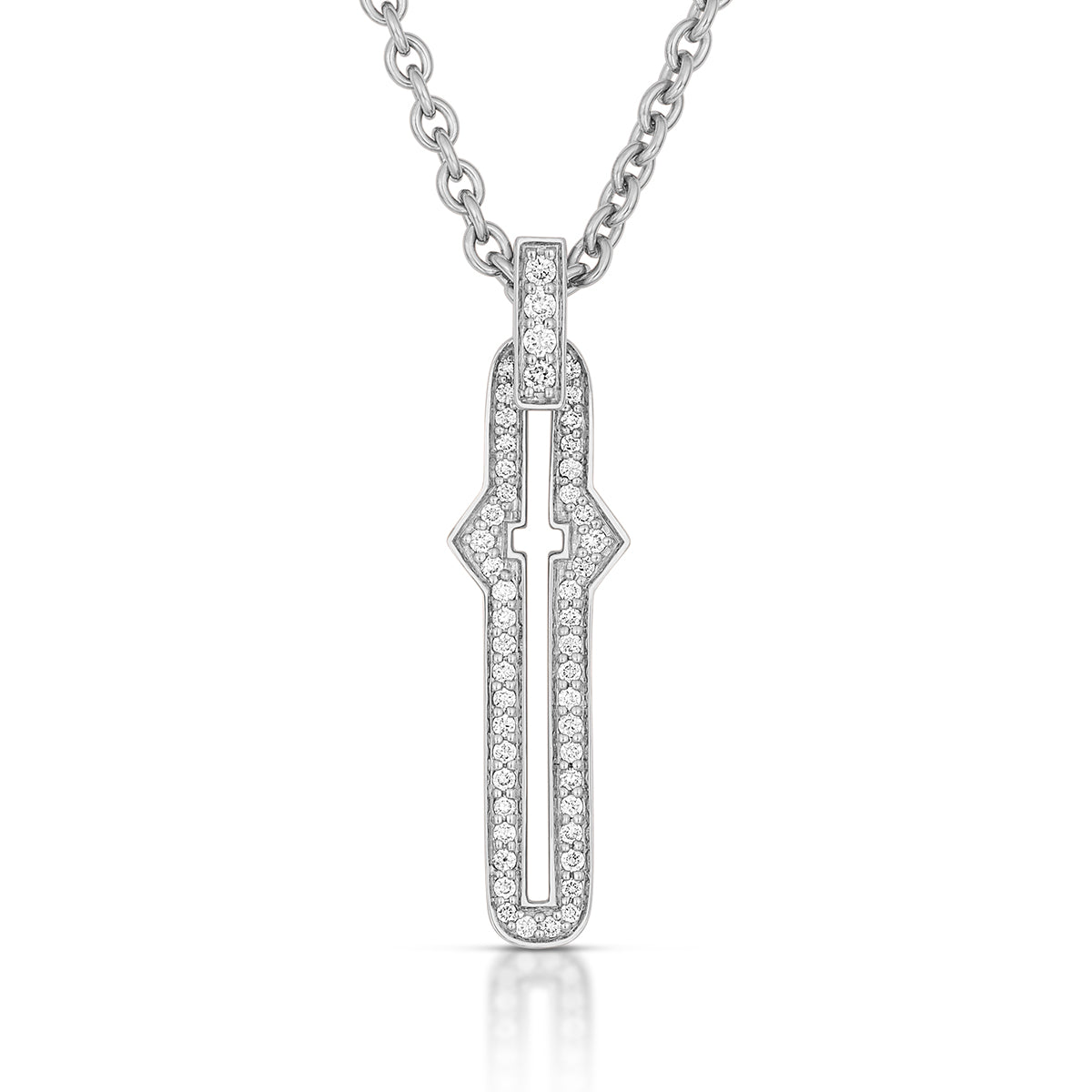 Barbed Cross Large Diamond Pendant – White Gold, front view, close-up