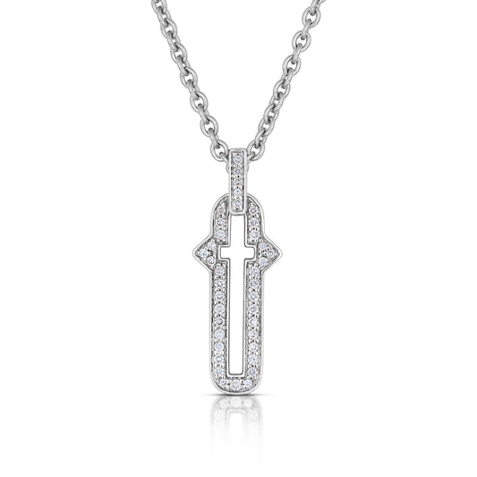 Barbed Cross Small Diamond Pendant – White Gold, front view, close-up