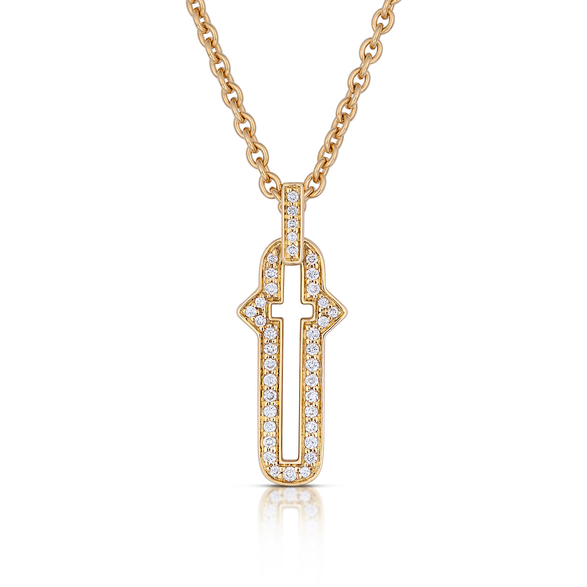 Barbed Cross Small Diamond Pendant – Yellow Gold, front view, close-up