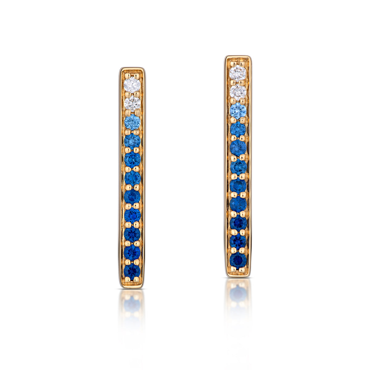 Large Rectangular Blue Ombré Sapphire Hoop Earrings in Yellow Gold, front view