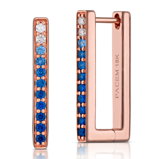 Large Rectangular Blue Ombré Sapphire Hoop Earrings in Rose Gold, side view, close-up