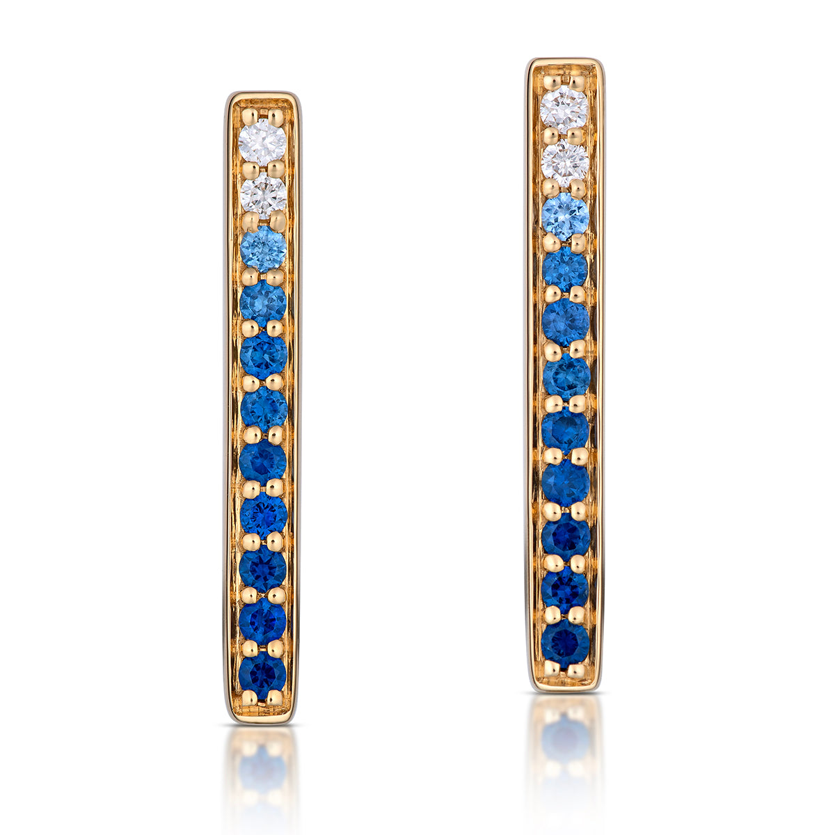 Large Rectangular Blue Ombré Sapphire Hoop Earrings in Yellow Gold, front view, close-up