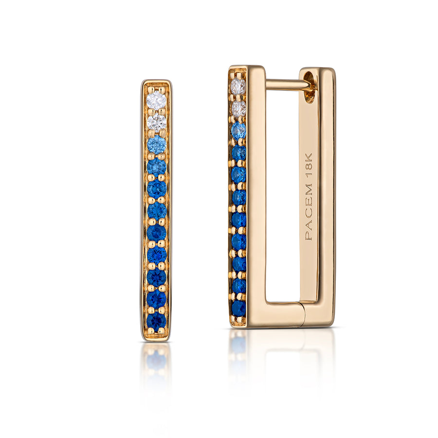 Large Rectangular Blue Ombré Sapphire Hoop Earrings in Yellow Gold, side view