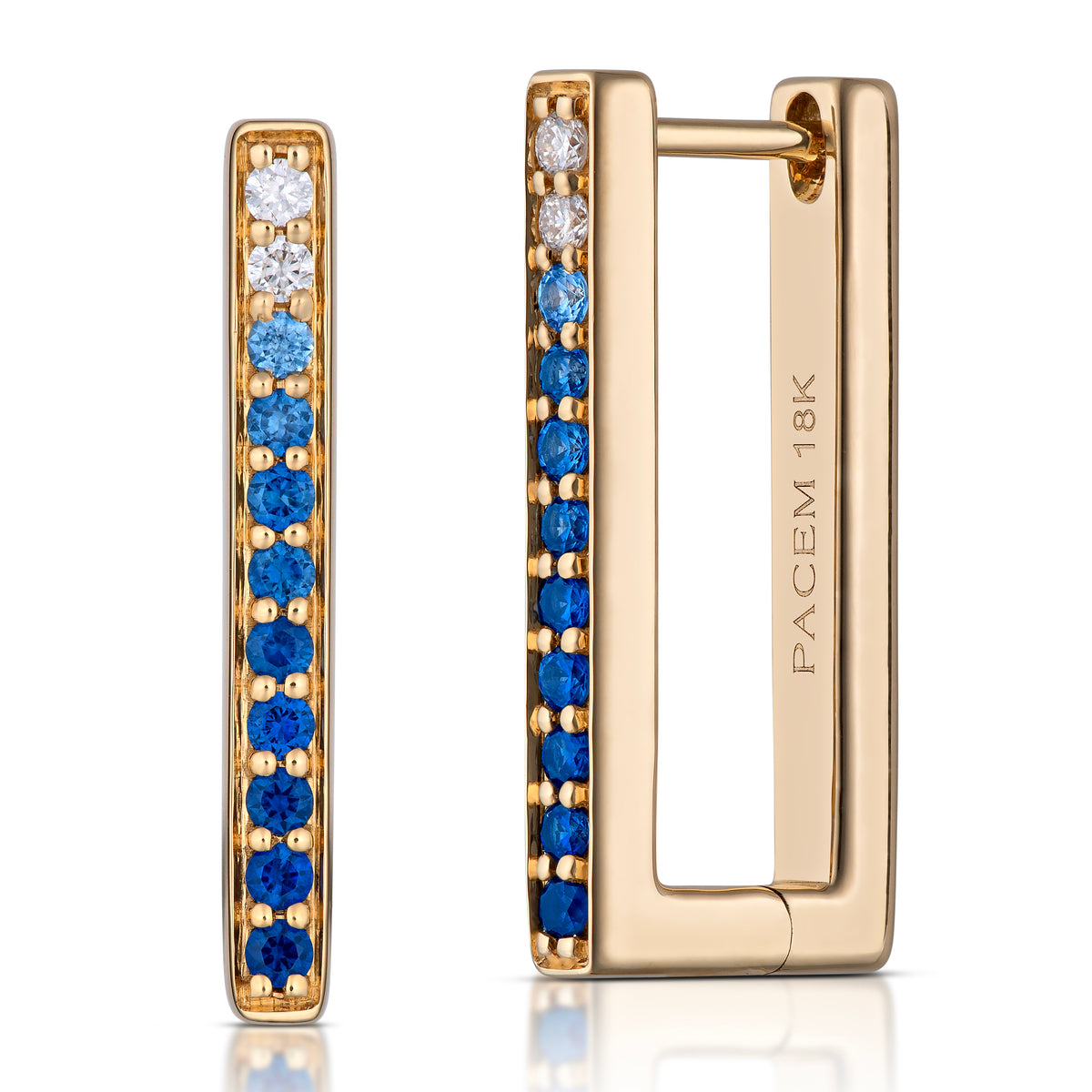 Large Rectangular Blue Ombré Sapphire Hoop Earrings in Yellow Gold, side view, close-up