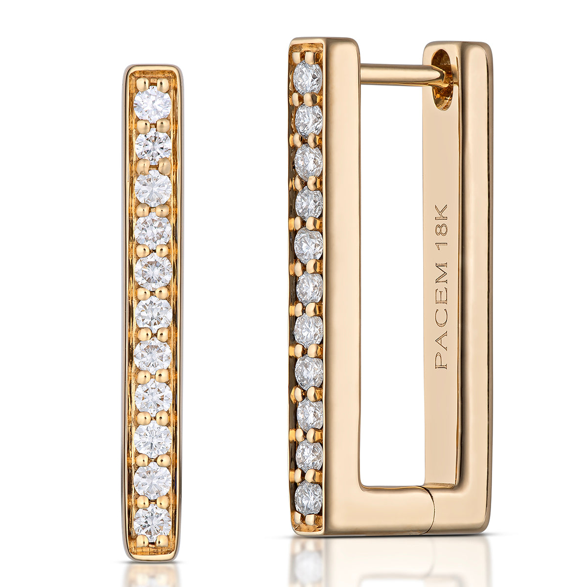 Large Rectangular Diamond Hoop Earrings in Yellow Gold, side view, close-up