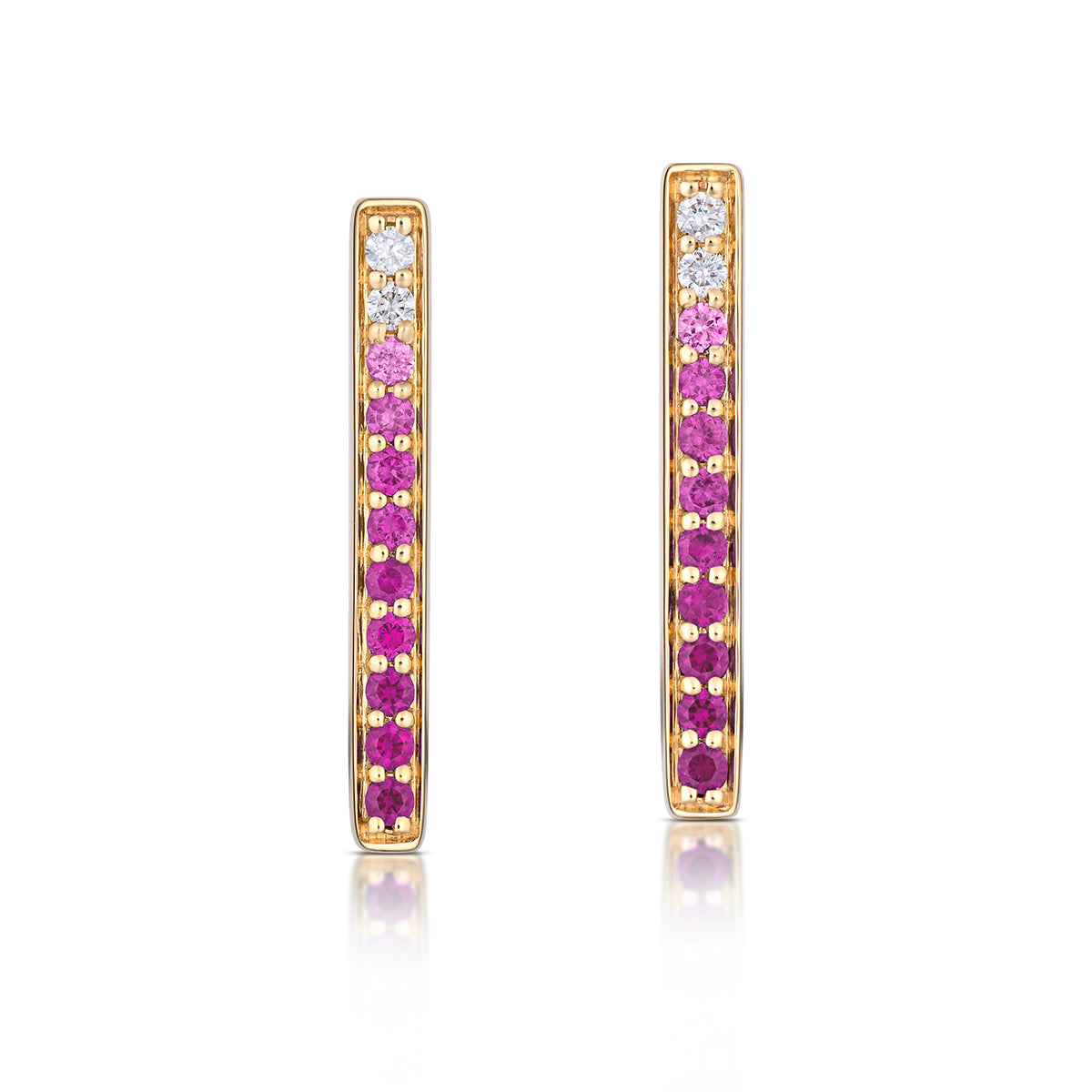 Large Rectangular Pink Ombré Sapphire Hoop Earrings in Yellow Gold, front view