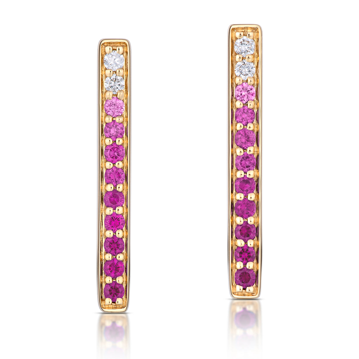 Large Rectangular Pink Ombré Sapphire Hoop Earrings in Yellow Gold, front view, close-up
