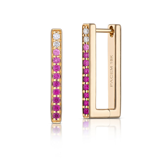 Large Rectangular Pink Ombré Sapphire Hoop Earrings in Yellow Gold, side view