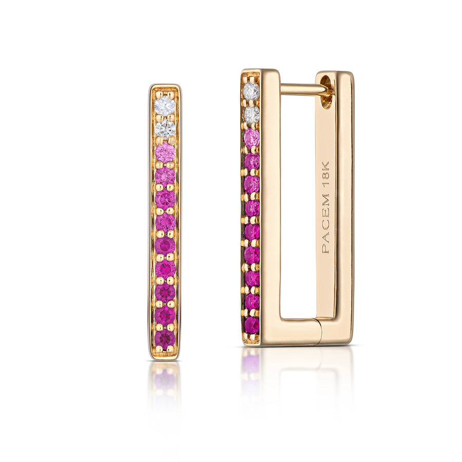 Large Rectangular Pink Ombré Sapphire Hoop Earrings in Yellow Gold, side view
