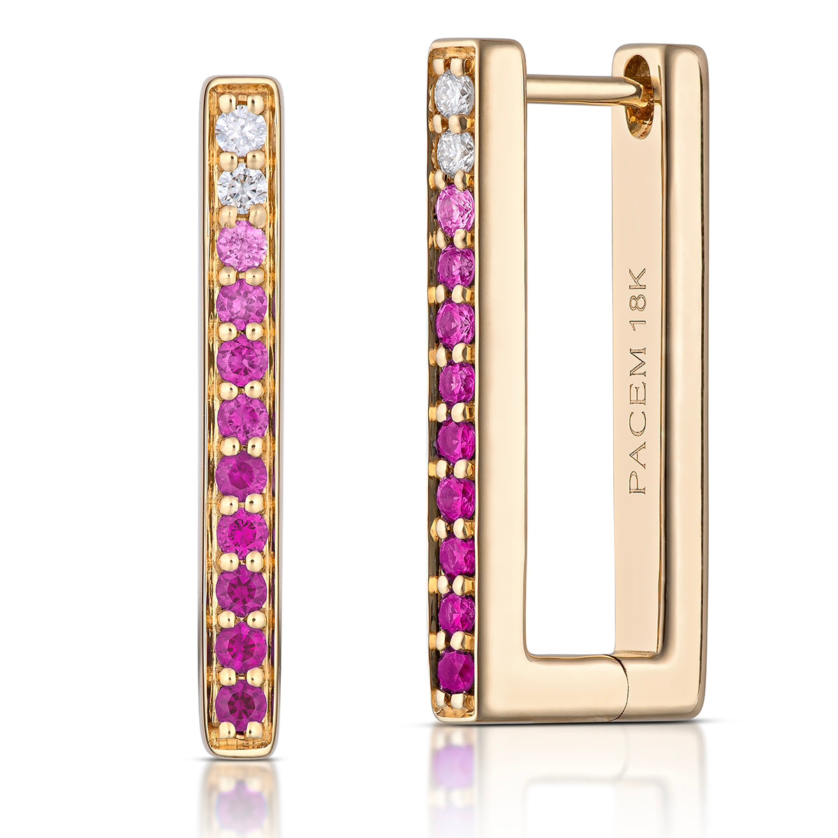 Large Rectangular Pink Ombré Sapphire Hoop Earrings in Yellow Gold, side view, close-up