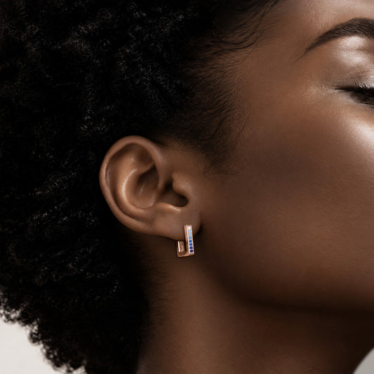 Medium Rectangular Blue Ombré Sapphire Hoop Earrings in Rose Gold, worn by a model
