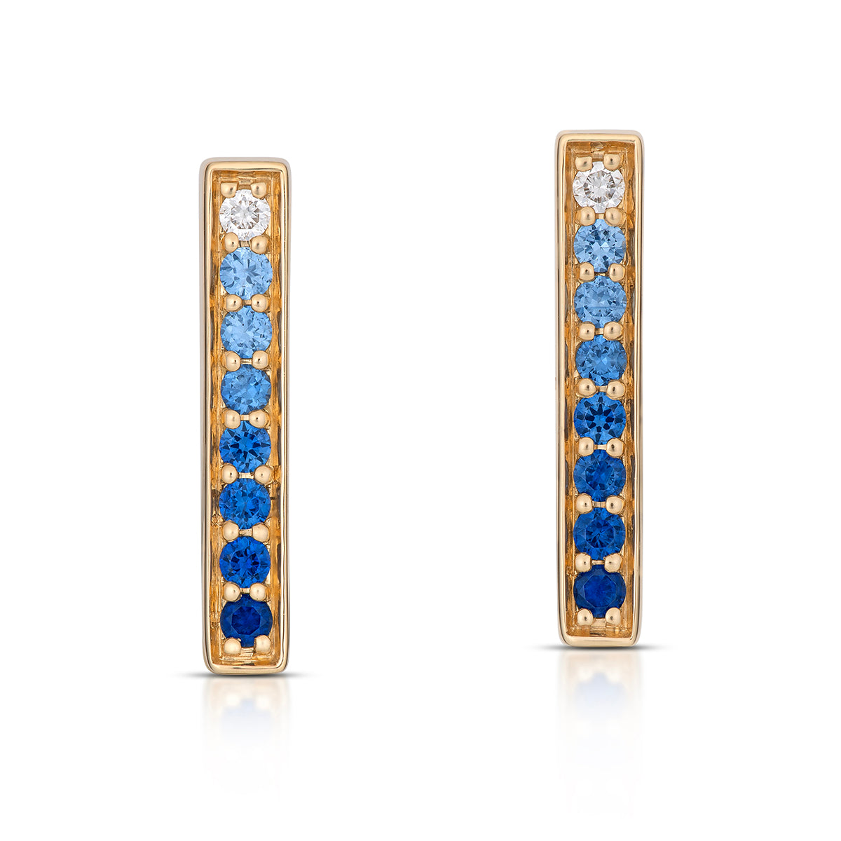 Medium Rectangular Blue Ombré Sapphire Hoop Earrings in Yellow Gold, front view, close-up