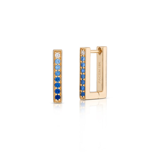 Medium Rectangular Blue Ombré Sapphire Hoop Earrings in Yellow Gold, side view