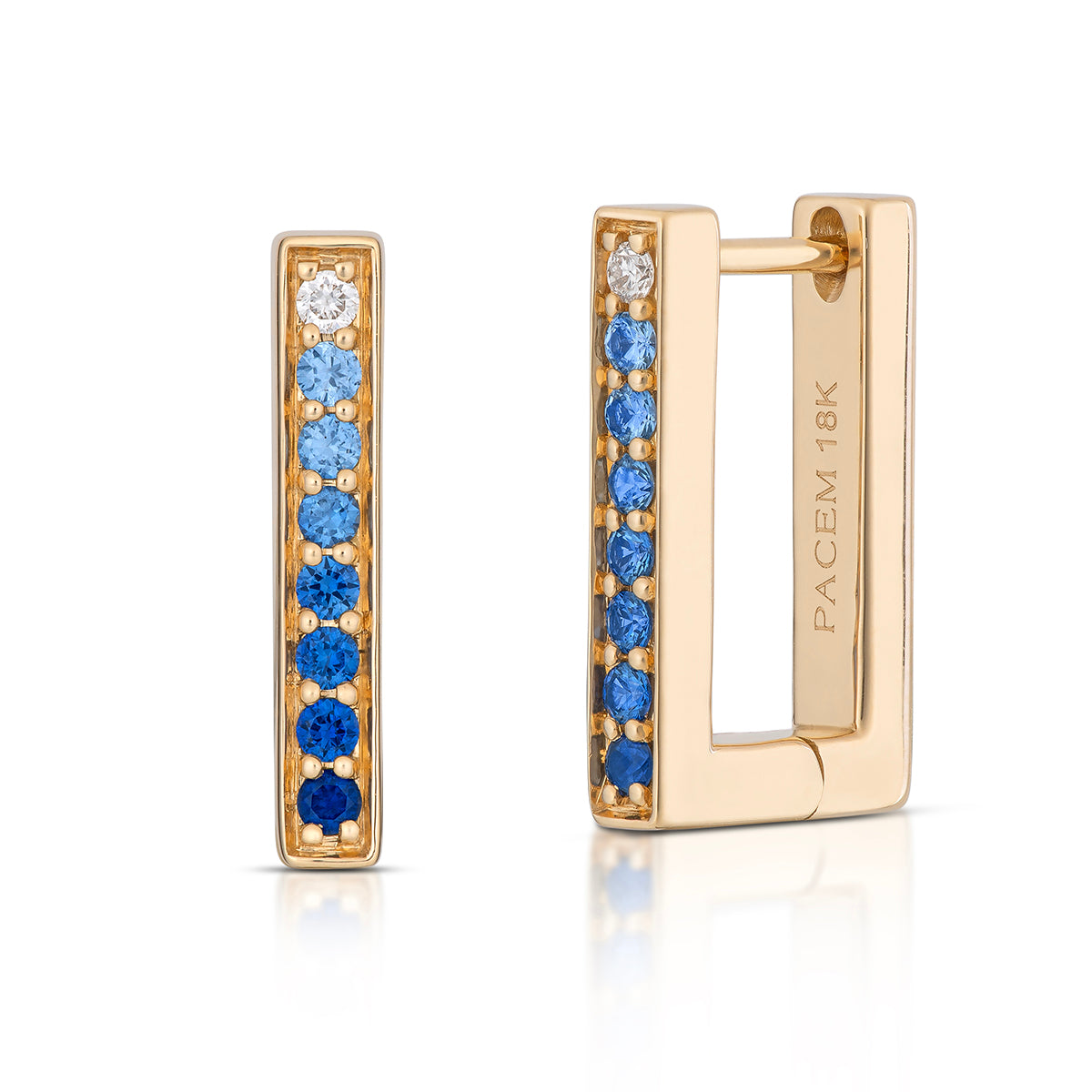 Medium Rectangular Blue Ombré Sapphire Hoop Earrings in Yellow Gold, side view, close-up