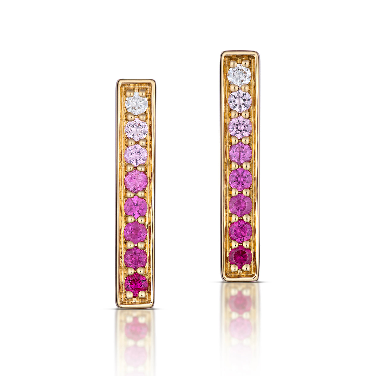 Medium Rectangular Pink Ombré Sapphire Hoop Earrings in Yellow Gold, front view, close-up