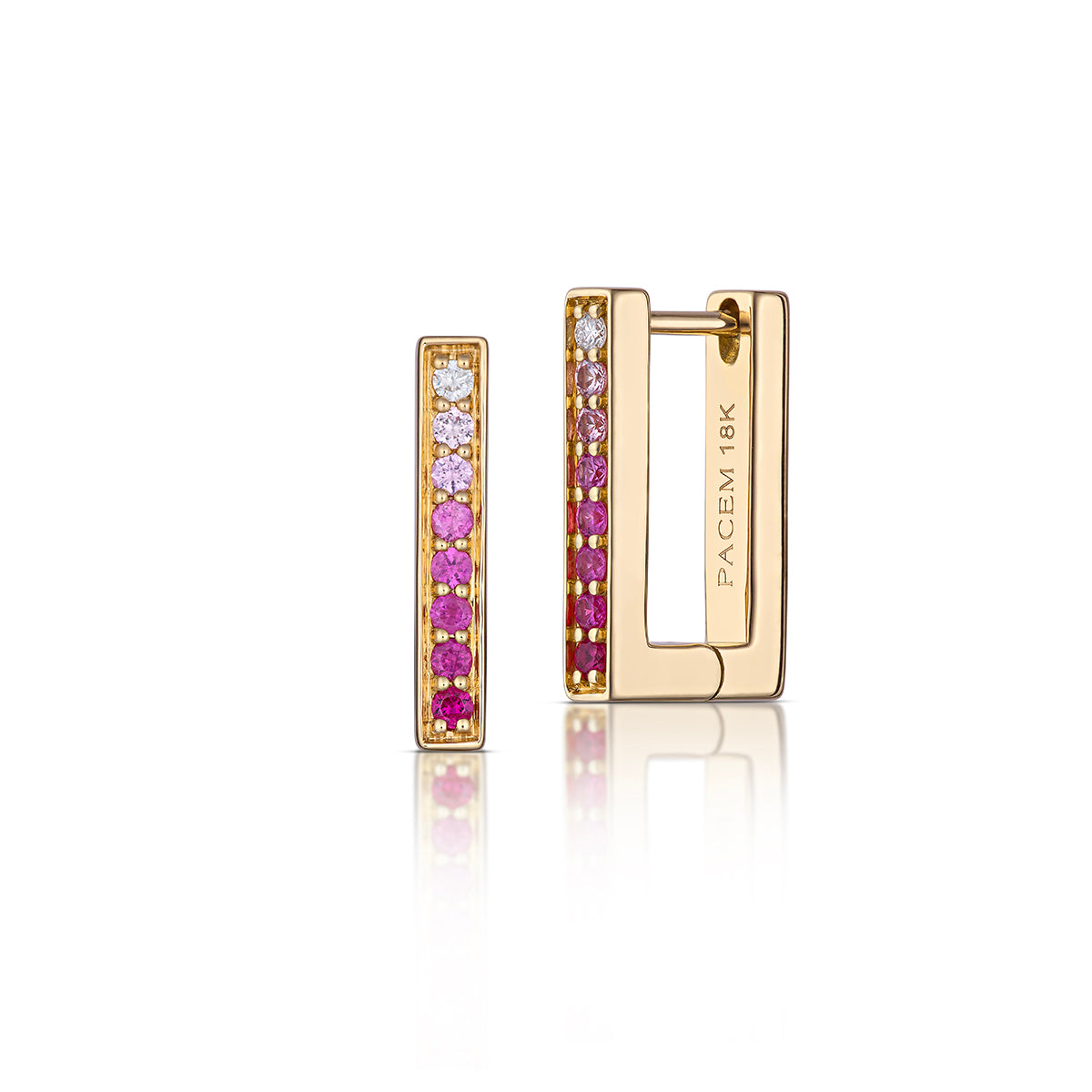 Medium Rectangular Pink Ombré Sapphire Hoop Earrings in Yellow Gold, side view