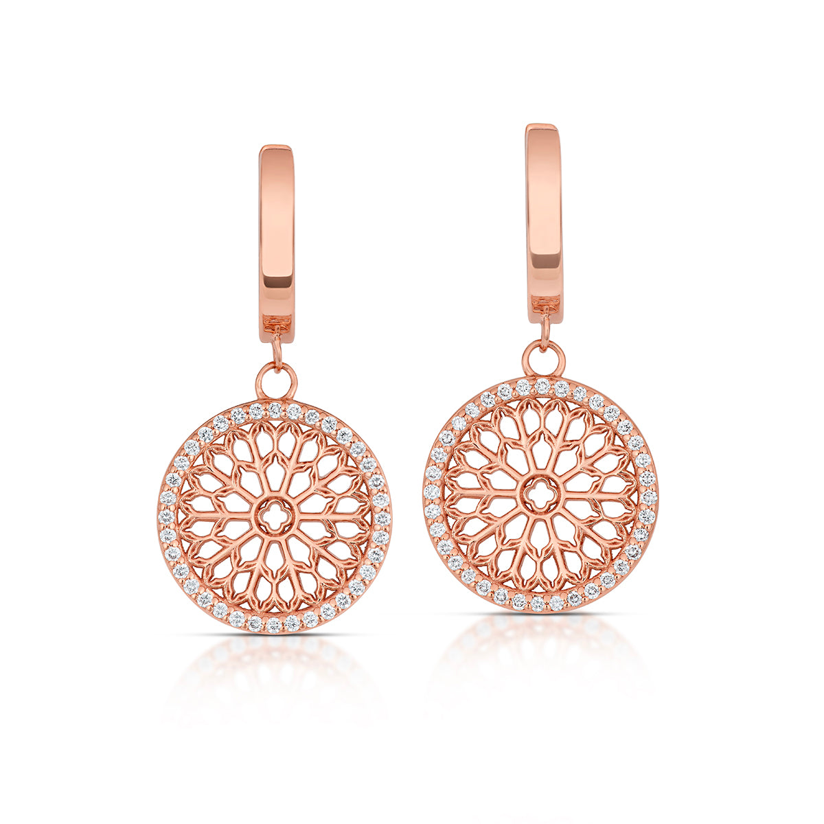 Notre Dame Rose Window Diamond Drop Earrings – Rose Gold, front view