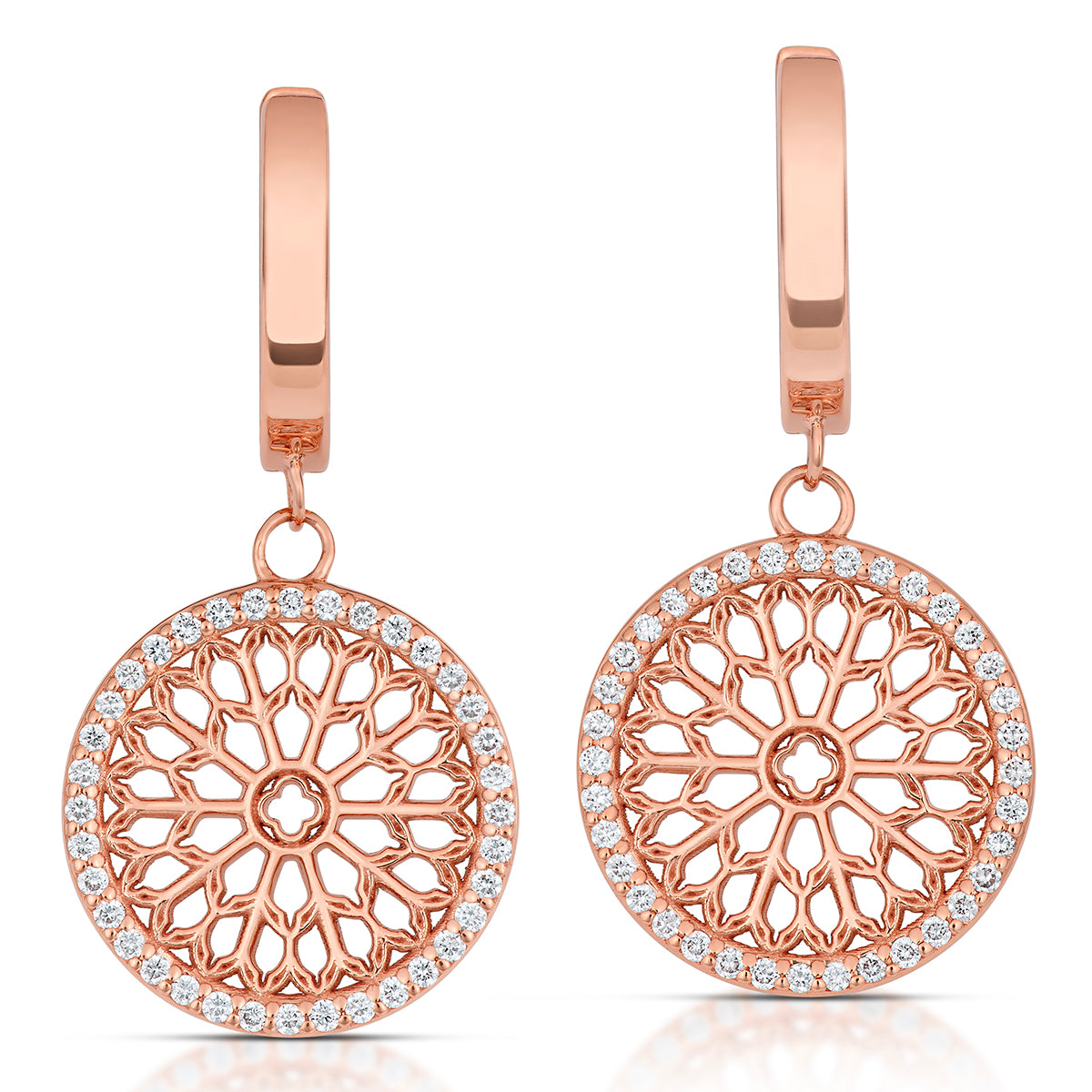 Notre Dame Rose Window Diamond Drop Earrings – Rose Gold, front view, close-up
