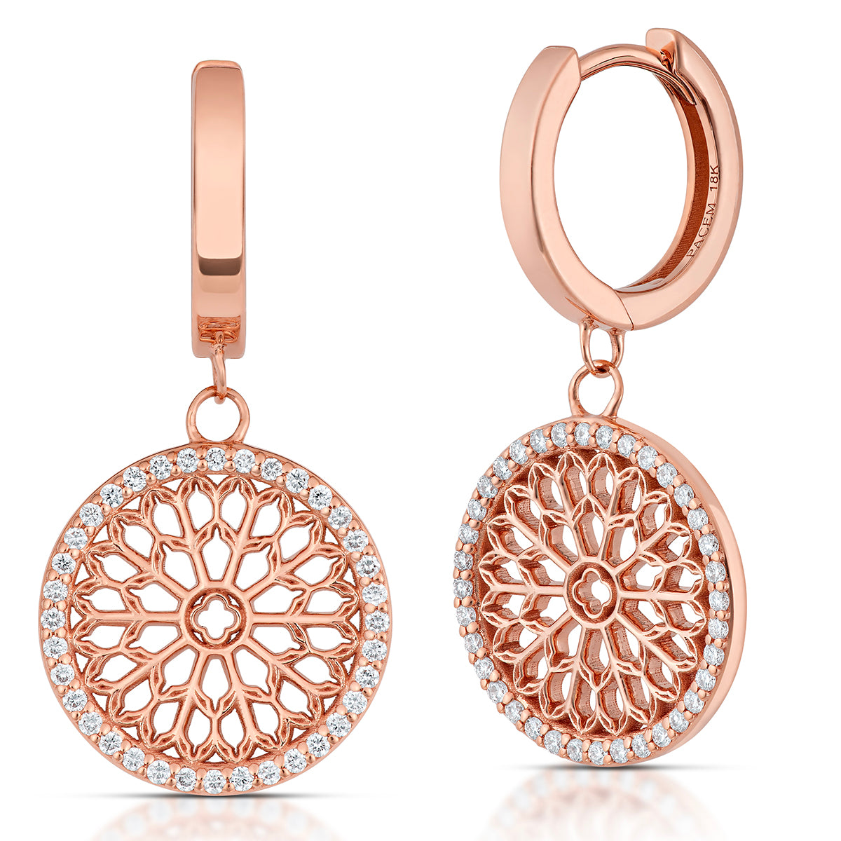 Notre Dame Rose Window Diamond Drop Earrings – Rose Gold, side view, close-up