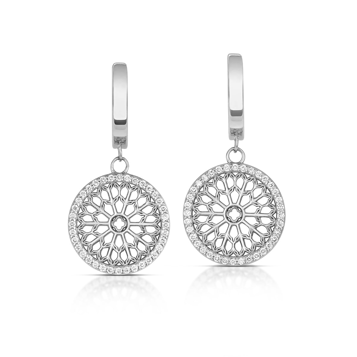Notre Dame Rose Window Diamond Drop Earrings – White Gold, front view
