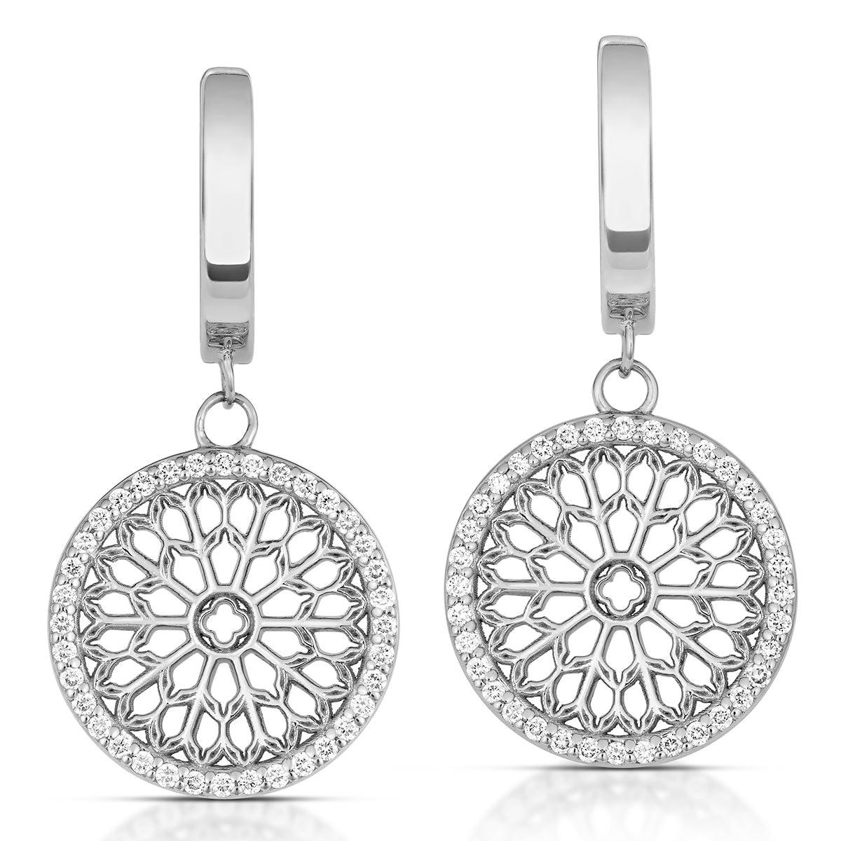 Notre Dame Rose Window Diamond Drop Earrings – White Gold, front view, close-up