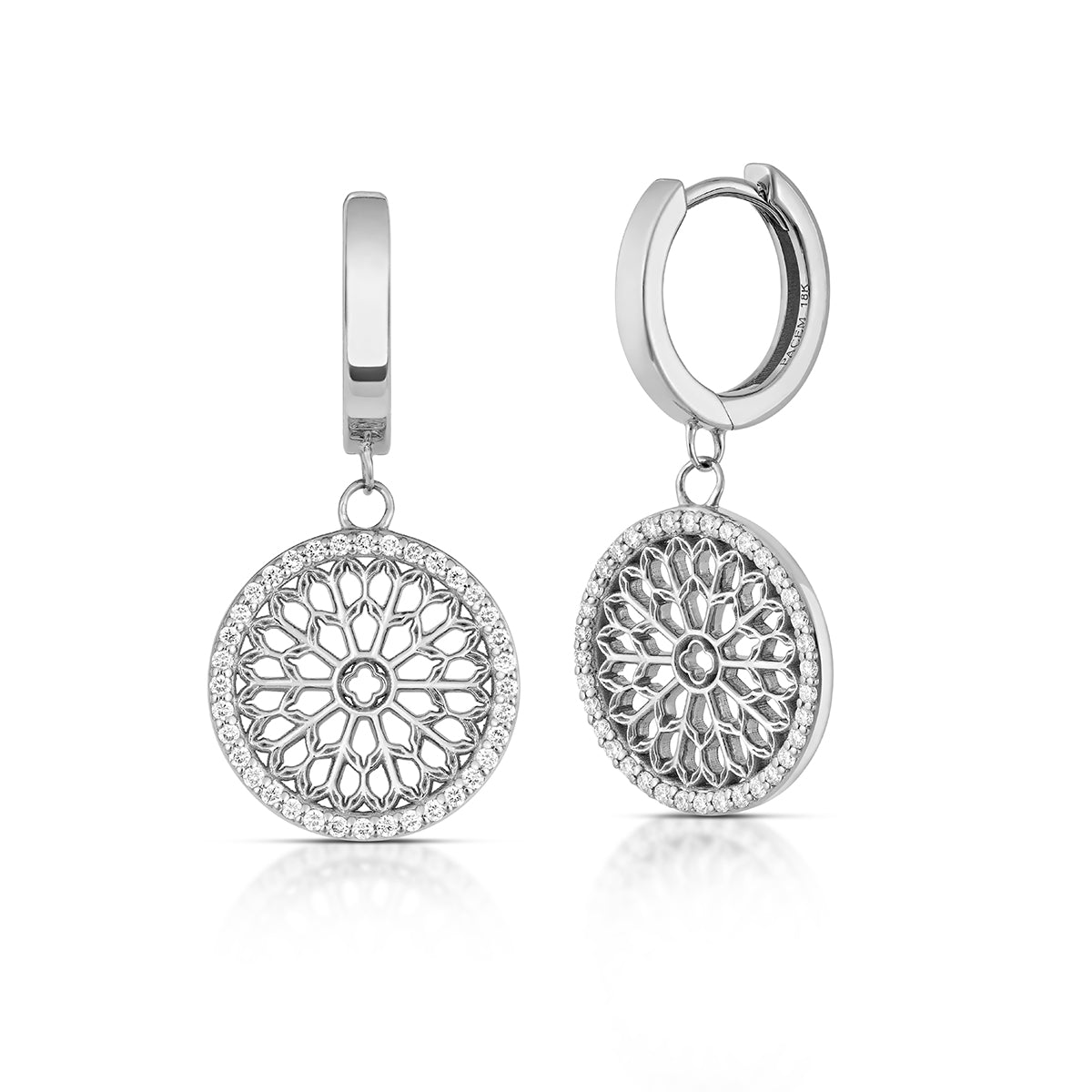 Notre Dame Rose Window Diamond Drop Earrings – White Gold, side view