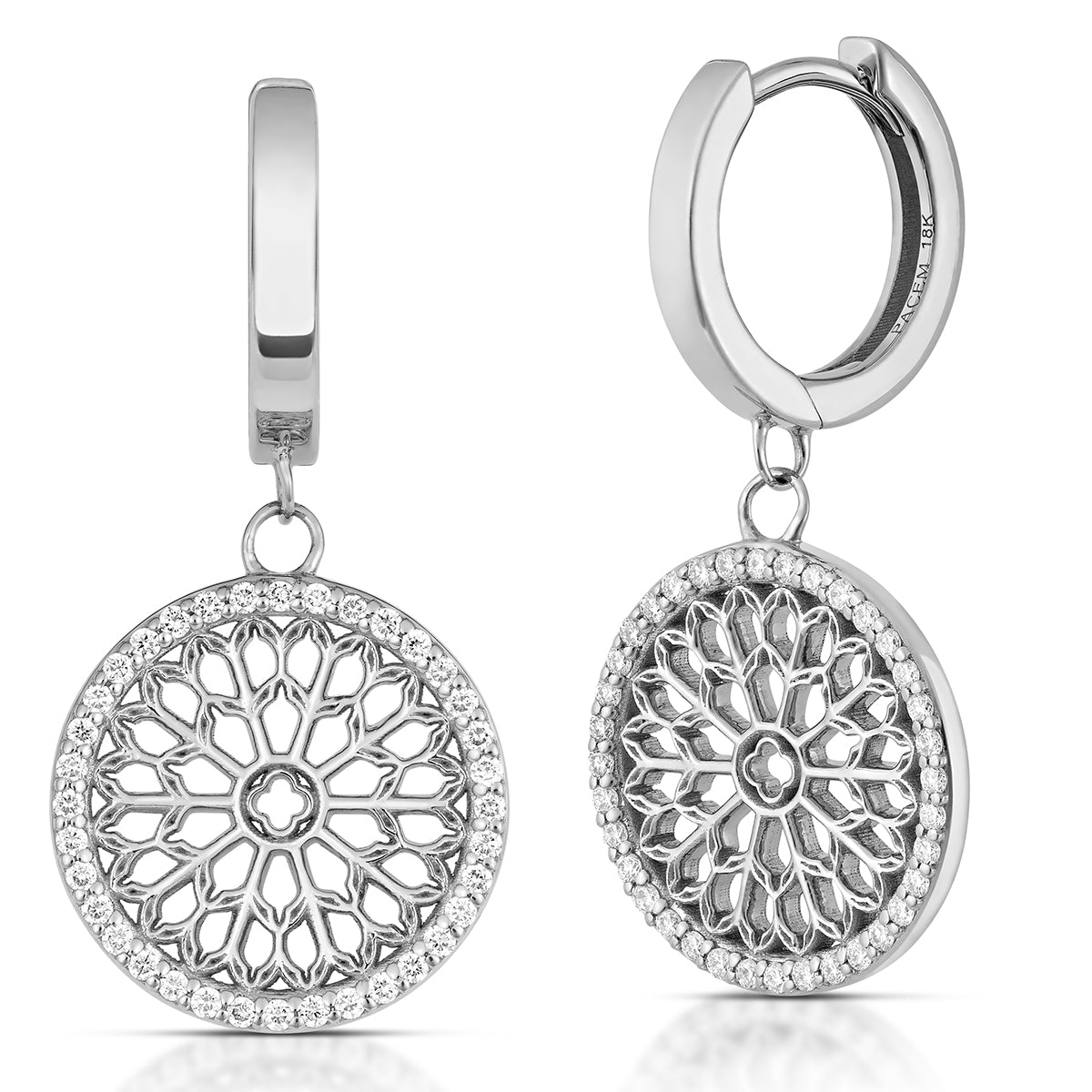 Notre Dame Rose Window Diamond Drop Earrings – White Gold, side view, close-up