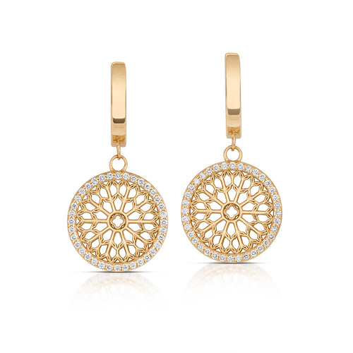 Notre Dame Rose Window Diamond Drop Earrings – Yellow Gold, front view