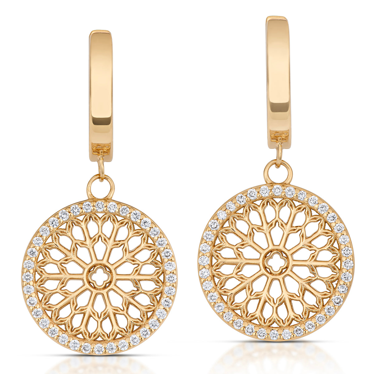 Notre Dame Rose Window Diamond Drop Earrings – Yellow Gold, front view, close-up