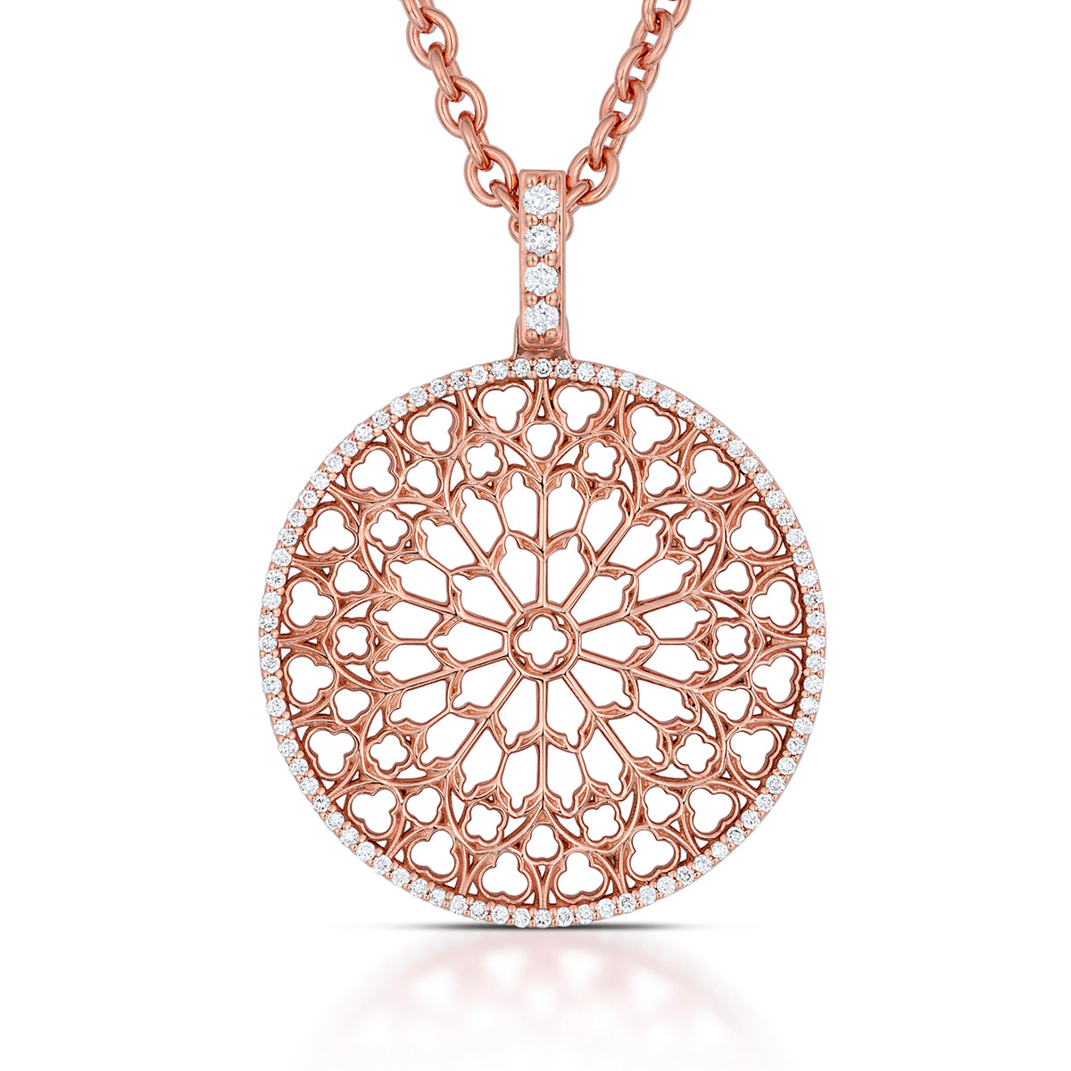 Notre Dame Rose Window Diamond Pendant – Rose Gold, front view, close-up
