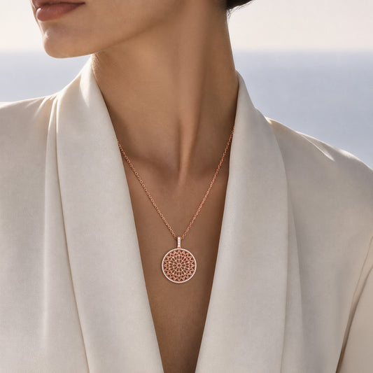 Notre Dame Rose Window Diamond Pendant – Rose Gold, worn by a model