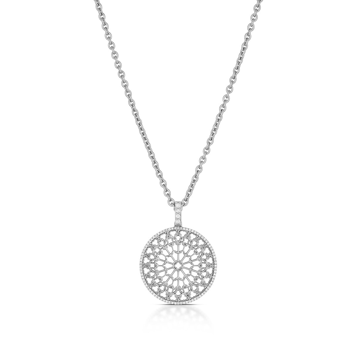 Notre Dame Rose Window Diamond Pendant – White Gold, front view