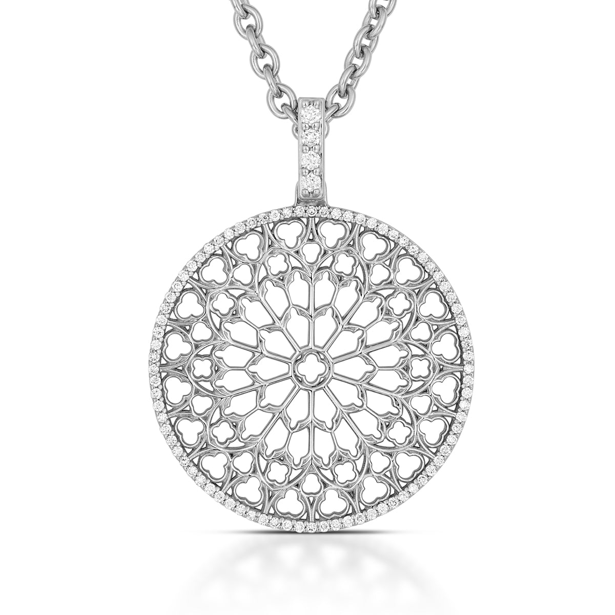 Notre Dame Rose Window Diamond Pendant – White Gold, front view, close-up