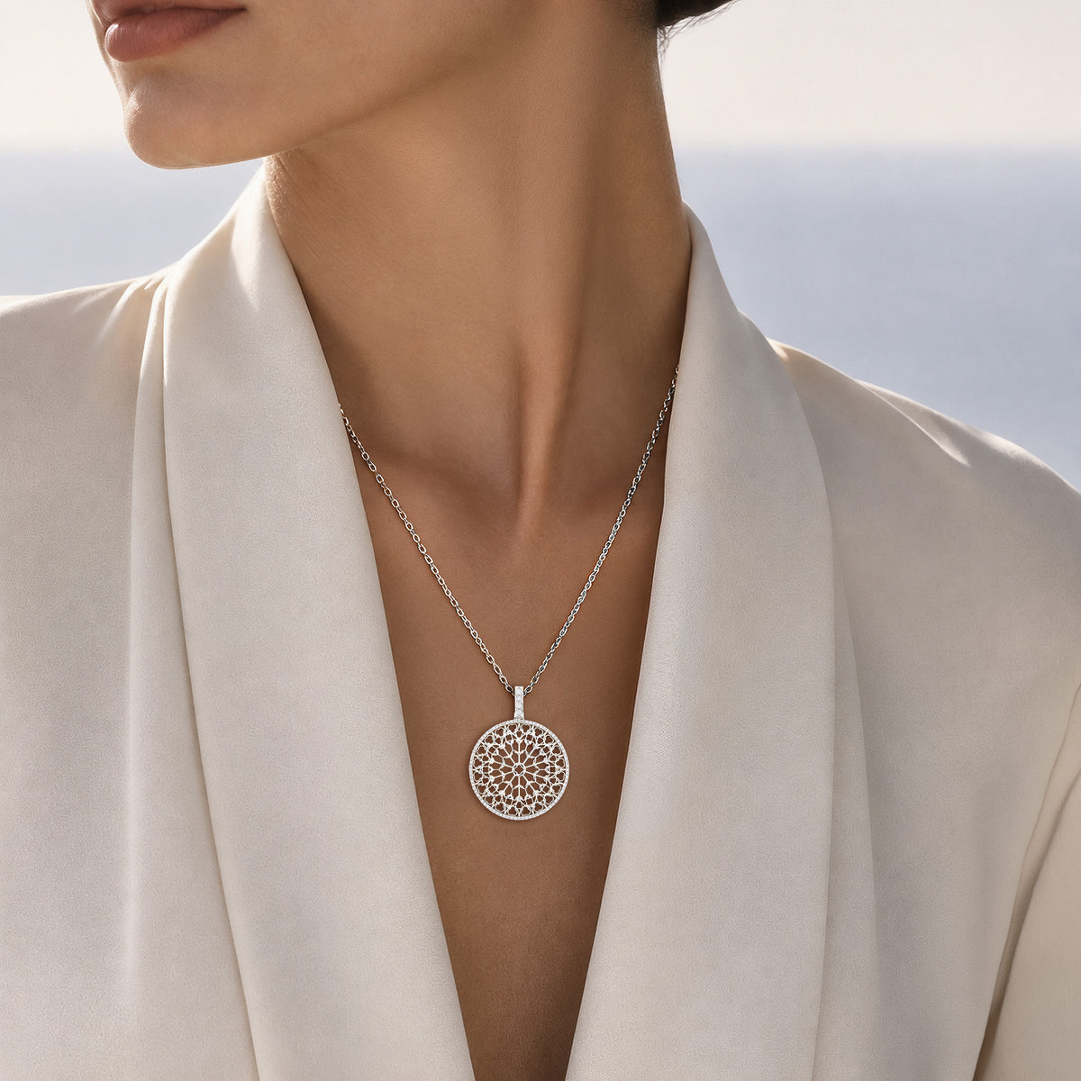 Notre Dame Rose Window Diamond Pendant – White Gold, worn by a model
