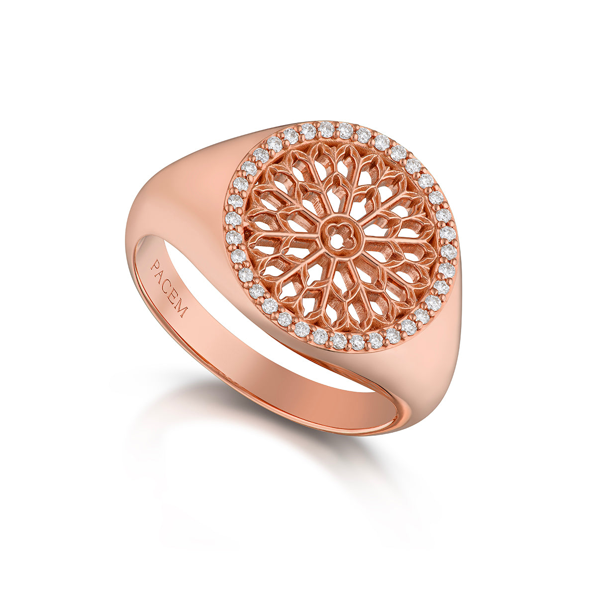 Notre Dame Rose Window Diamond Signet Ring – Rose Gold, front view