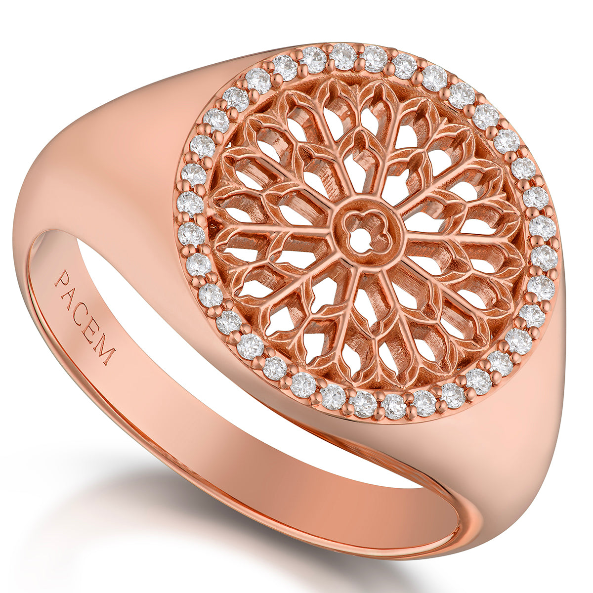 Notre Dame Rose Window Diamond Signet Ring – Rose Gold, front view, close-up