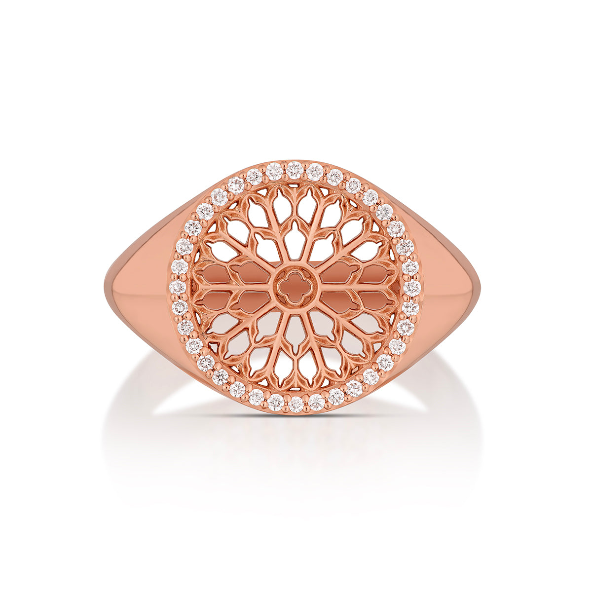 Notre Dame Rose Window Diamond Signet Ring – Rose Gold, top view