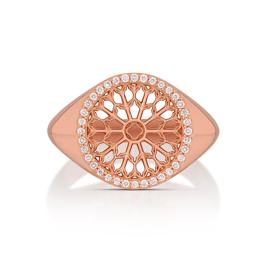 Notre Dame Rose Window Diamond Signet Ring – Rose Gold, top view