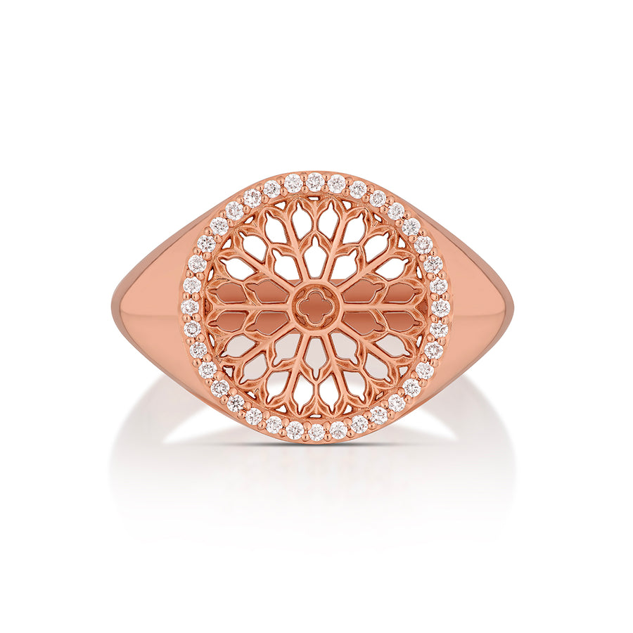 Notre Dame Rose Window Diamond Signet Ring – Rose Gold, top view