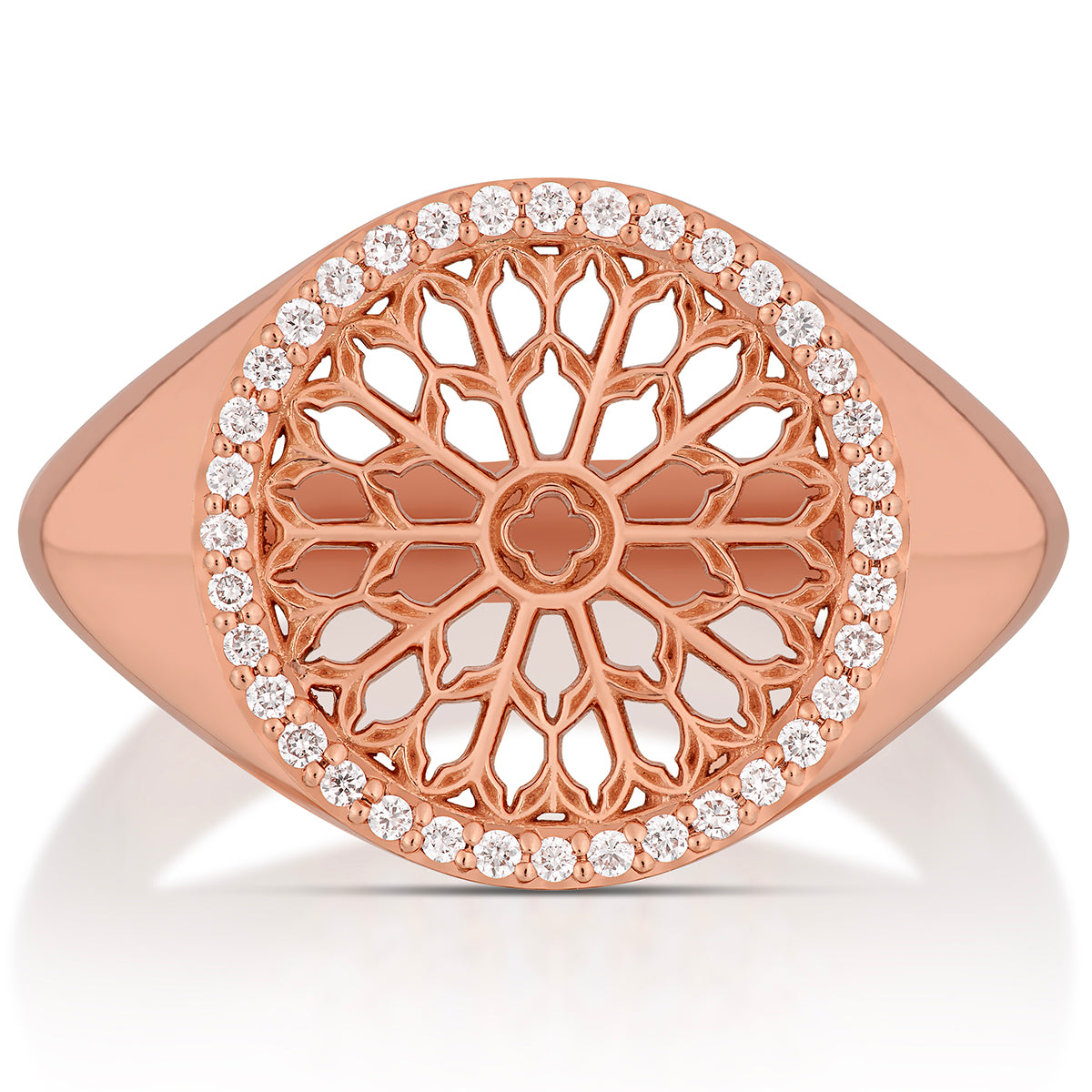 Notre Dame Rose Window Diamond Signet Ring – Rose Gold, top view, close-up