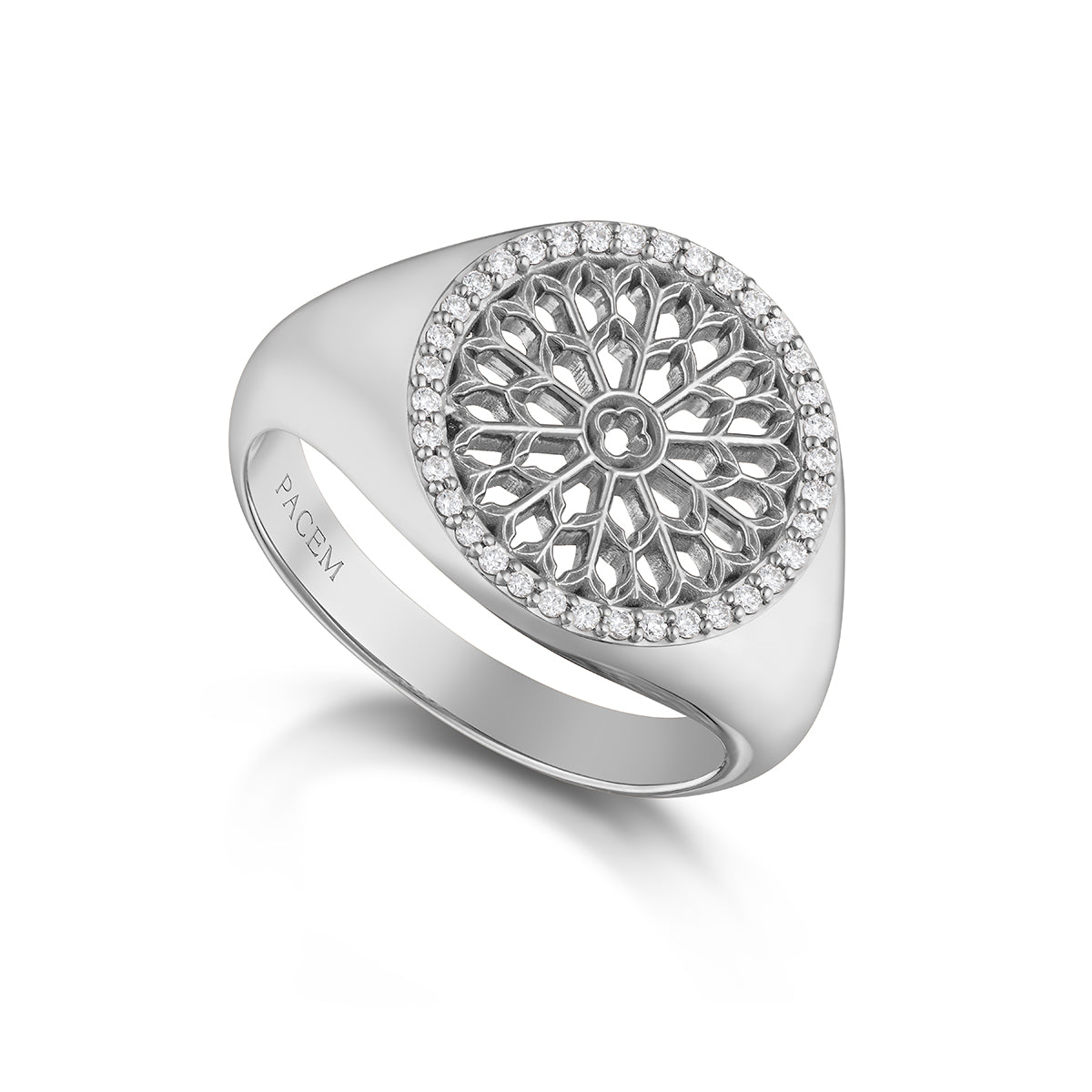 Notre Dame Rose Window Diamond Signet Ring – White Gold, front view